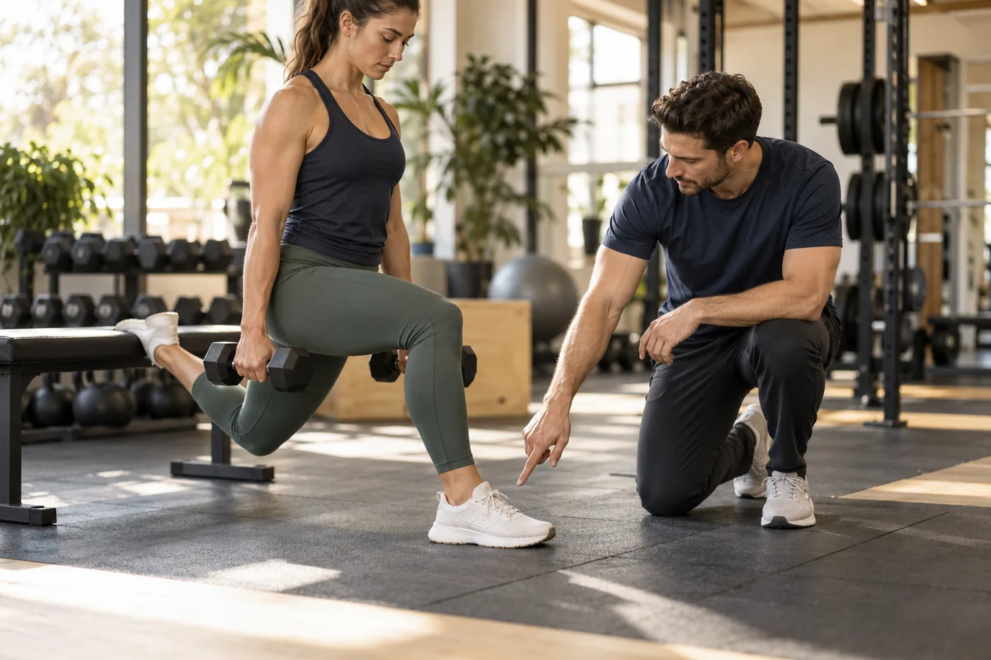 Coach observing an athlete's ankle and heel alignment during a split squat