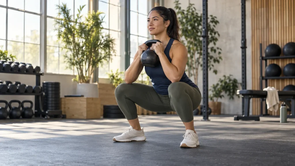 Athlete holding a kettlebell in a stable squat with balanced foot placement