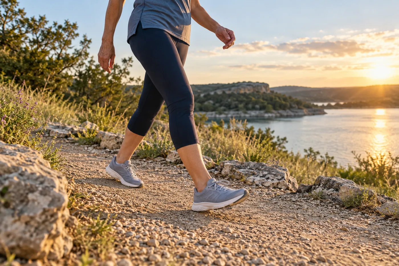 Active adult walking confidently on a lakeside trail in Central Texas